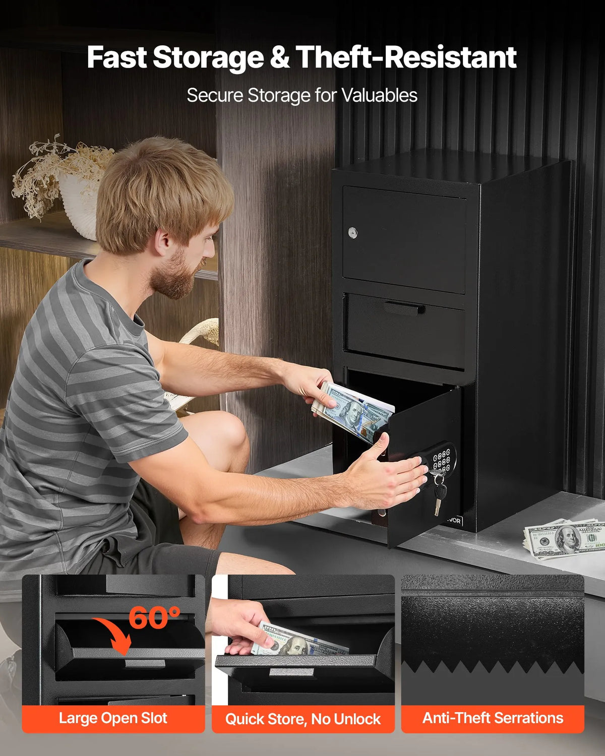VEVOR 102 L Front Loading Safe with Digital Keypad, Three-Tier Cash and Document Deposit Safe with Backup Keys, Black