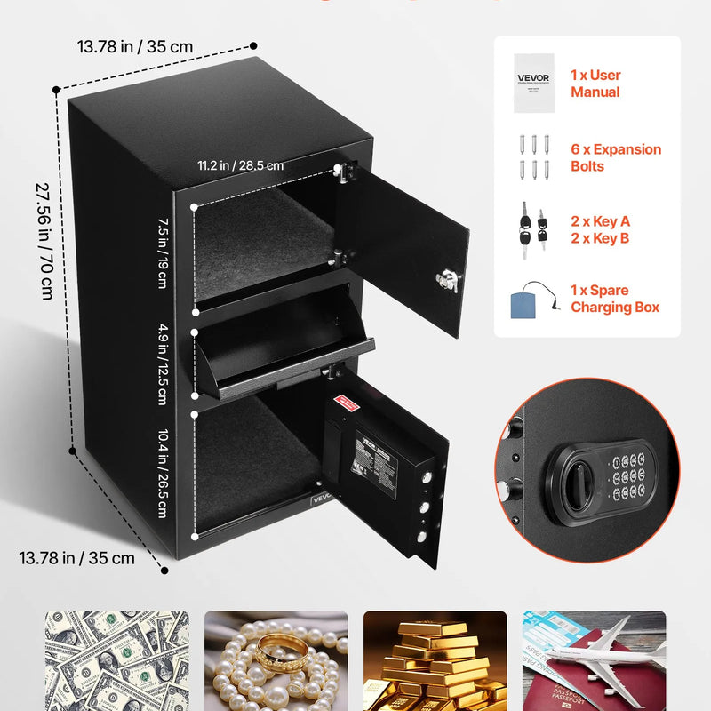VEVOR 102 l priekšējās iemaksas seifs ar digitālo tastatūru, trīslīmeņu naudas un dokumentu noguldījumu seifs ar rezerves atslēgām, melns