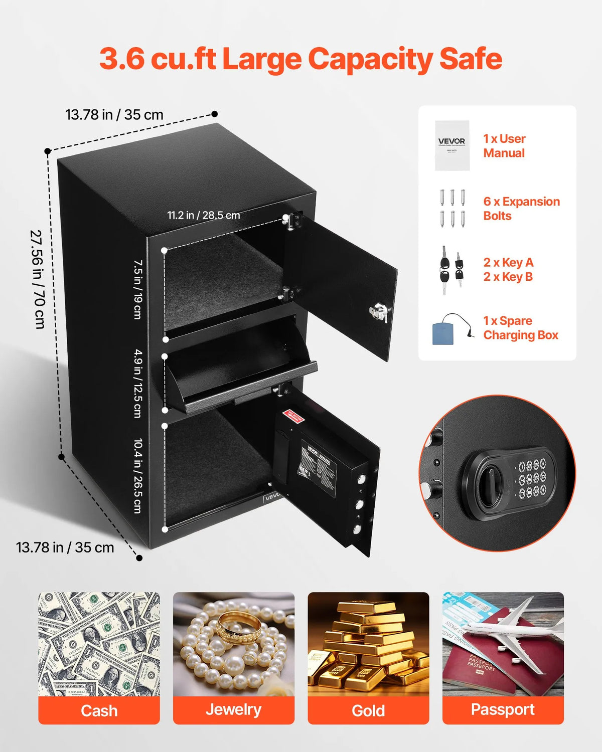 VEVOR 102 L Front Loading Safe with Digital Keypad, Three-Tier Cash and Document Deposit Safe with Backup Keys, Black