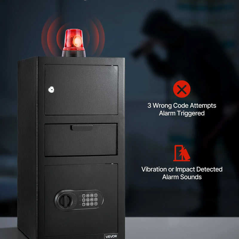 VEVOR 102 l priekšējās iemaksas seifs ar digitālo tastatūru, trīslīmeņu naudas un dokumentu noguldījumu seifs ar rezerves atslēgām, melns