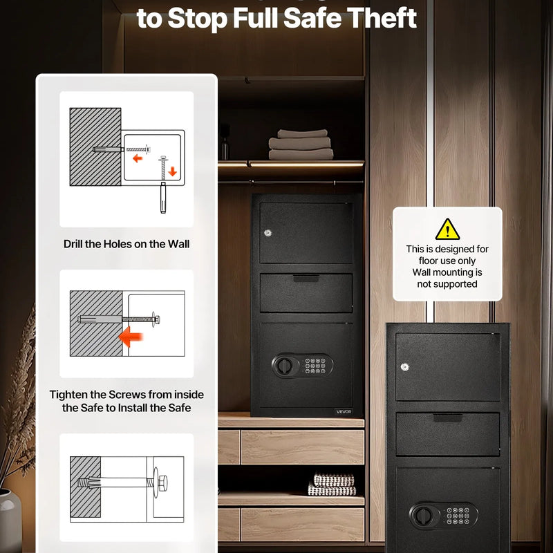 VEVOR 102 l priekšējās iemaksas seifs ar digitālo tastatūru, trīslīmeņu naudas un dokumentu noguldījumu seifs ar rezerves atslēgām, melns