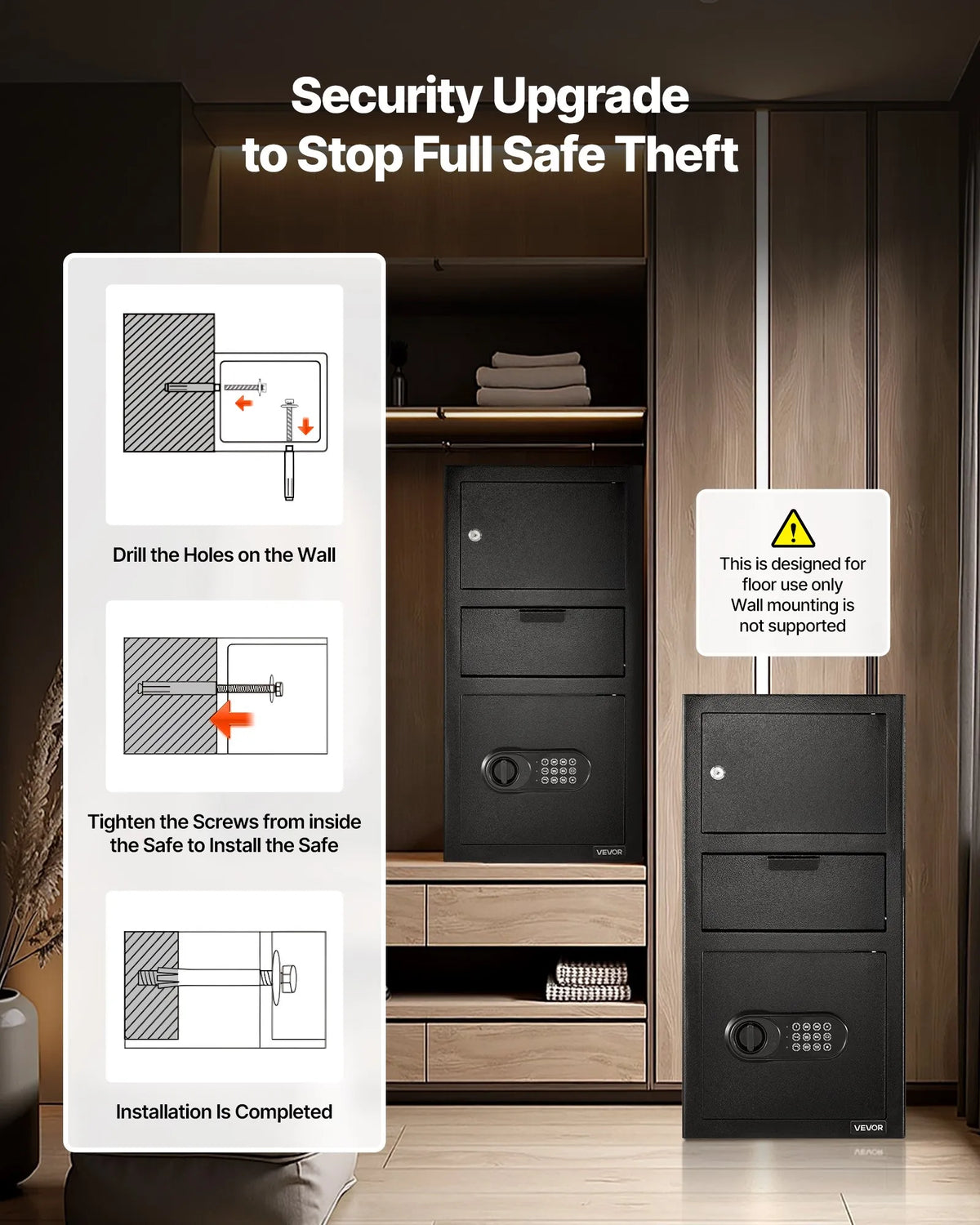 VEVOR 102 L Front Loading Safe with Digital Keypad, Three-Tier Cash and Document Deposit Safe with Backup Keys, Black