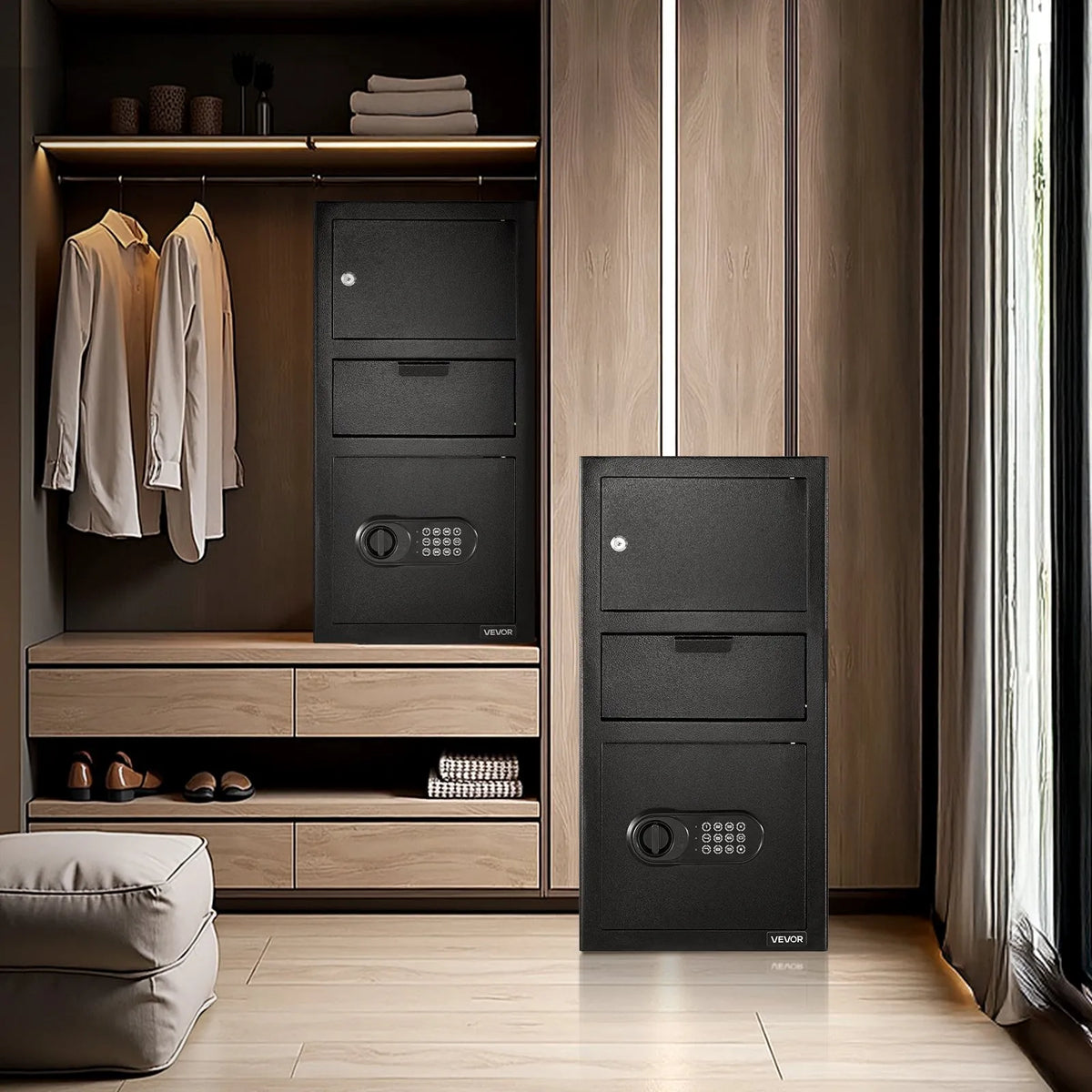 VEVOR 102 L Front Loading Safe with Digital Keypad, Three-Tier Cash and Document Deposit Safe with Backup Keys, Black