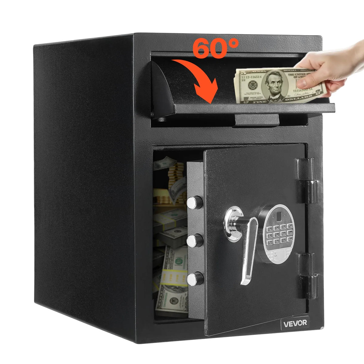 VEVOR 34 L Drop Safe with Front Deposit Slot, Digital Keypad and Backup Keys, Durable Two-Level Money and Document Deposit Safe for Cash, Bank Receipts, Jewellery, Documents and Bills, Black