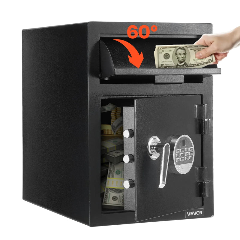 VEVOR 34 l iemaksas seifs ar priekšējo iemaksas atveri, digitālo tastatūru un rezerves atslēgām, izturīgs divu līmeņu naudas un dokumentu noguldījumu seifs skaidrai naudai, bankas kvītīm, rotaslietām, dokumentiem un rēķiniem, melns