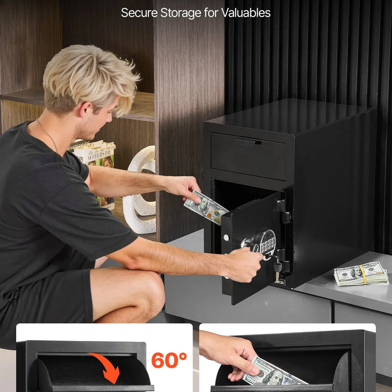 VEVOR 34 l iemaksas seifs ar priekšējo iemaksas atveri, digitālo tastatūru un rezerves atslēgām, izturīgs divu līmeņu naudas un dokumentu noguldījumu seifs skaidrai naudai, bankas kvītīm, rotaslietām, dokumentiem un rēķiniem, melns