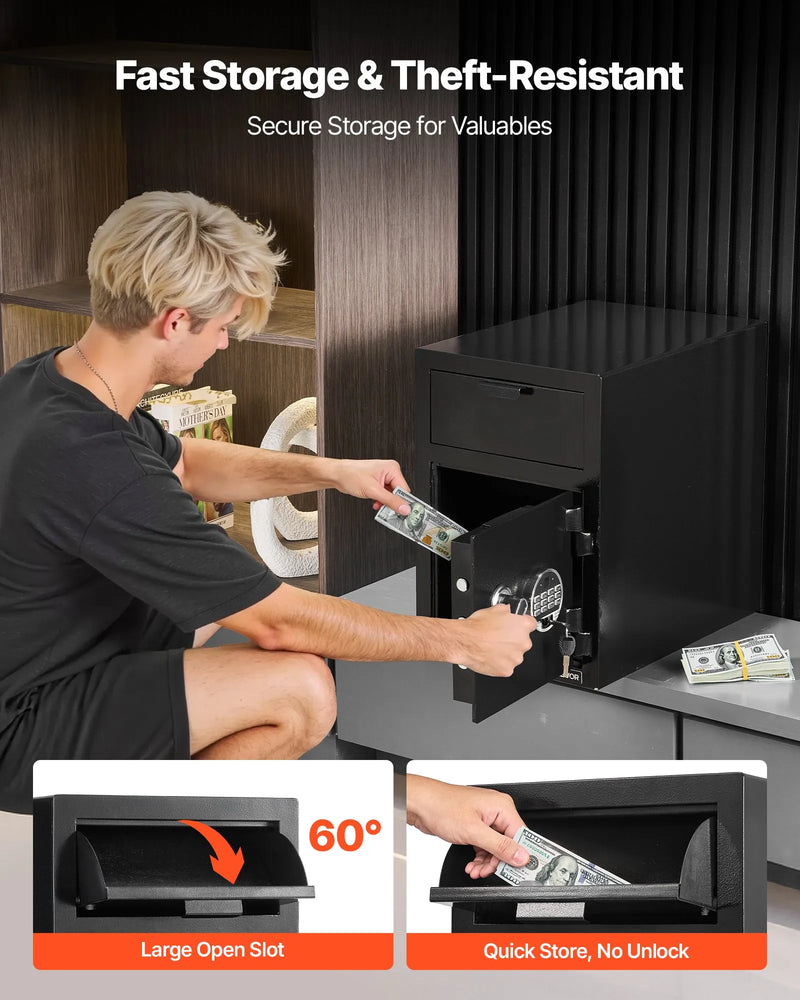 VEVOR 34 l iemaksas seifs ar priekšējo iemaksas atveri, digitālo tastatūru un rezerves atslēgām, izturīgs divu līmeņu naudas un dokumentu noguldījumu seifs skaidrai naudai, bankas kvītīm, rotaslietām, dokumentiem un rēķiniem, melns