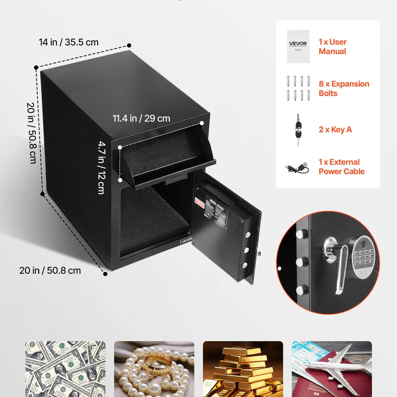 VEVOR 34 l iemaksas seifs ar priekšējo iemaksas atveri, digitālo tastatūru un rezerves atslēgām, izturīgs divu līmeņu naudas un dokumentu noguldījumu seifs skaidrai naudai, bankas kvītīm, rotaslietām, dokumentiem un rēķiniem, melns