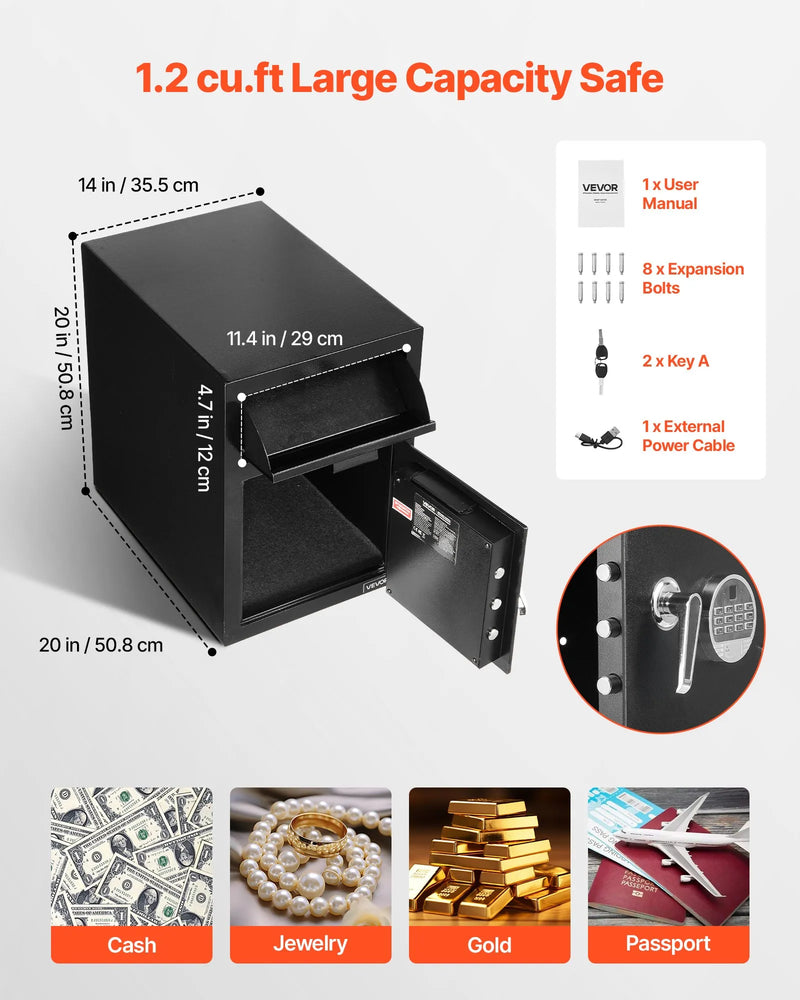 VEVOR 34 l iemaksas seifs ar priekšējo iemaksas atveri, digitālo tastatūru un rezerves atslēgām, izturīgs divu līmeņu naudas un dokumentu noguldījumu seifs skaidrai naudai, bankas kvītīm, rotaslietām, dokumentiem un rēķiniem, melns