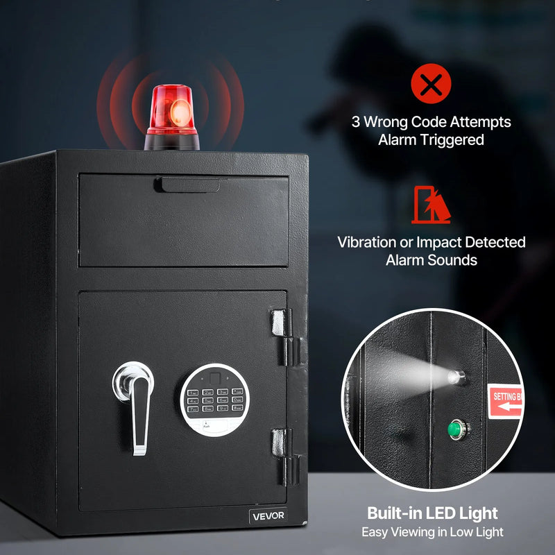 VEVOR 34 l iemaksas seifs ar priekšējo iemaksas atveri, digitālo tastatūru un rezerves atslēgām, izturīgs divu līmeņu naudas un dokumentu noguldījumu seifs skaidrai naudai, bankas kvītīm, rotaslietām, dokumentiem un rēķiniem, melns