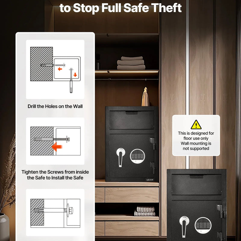 VEVOR 34 l iemaksas seifs ar priekšējo iemaksas atveri, digitālo tastatūru un rezerves atslēgām, izturīgs divu līmeņu naudas un dokumentu noguldījumu seifs skaidrai naudai, bankas kvītīm, rotaslietām, dokumentiem un rēķiniem, melns