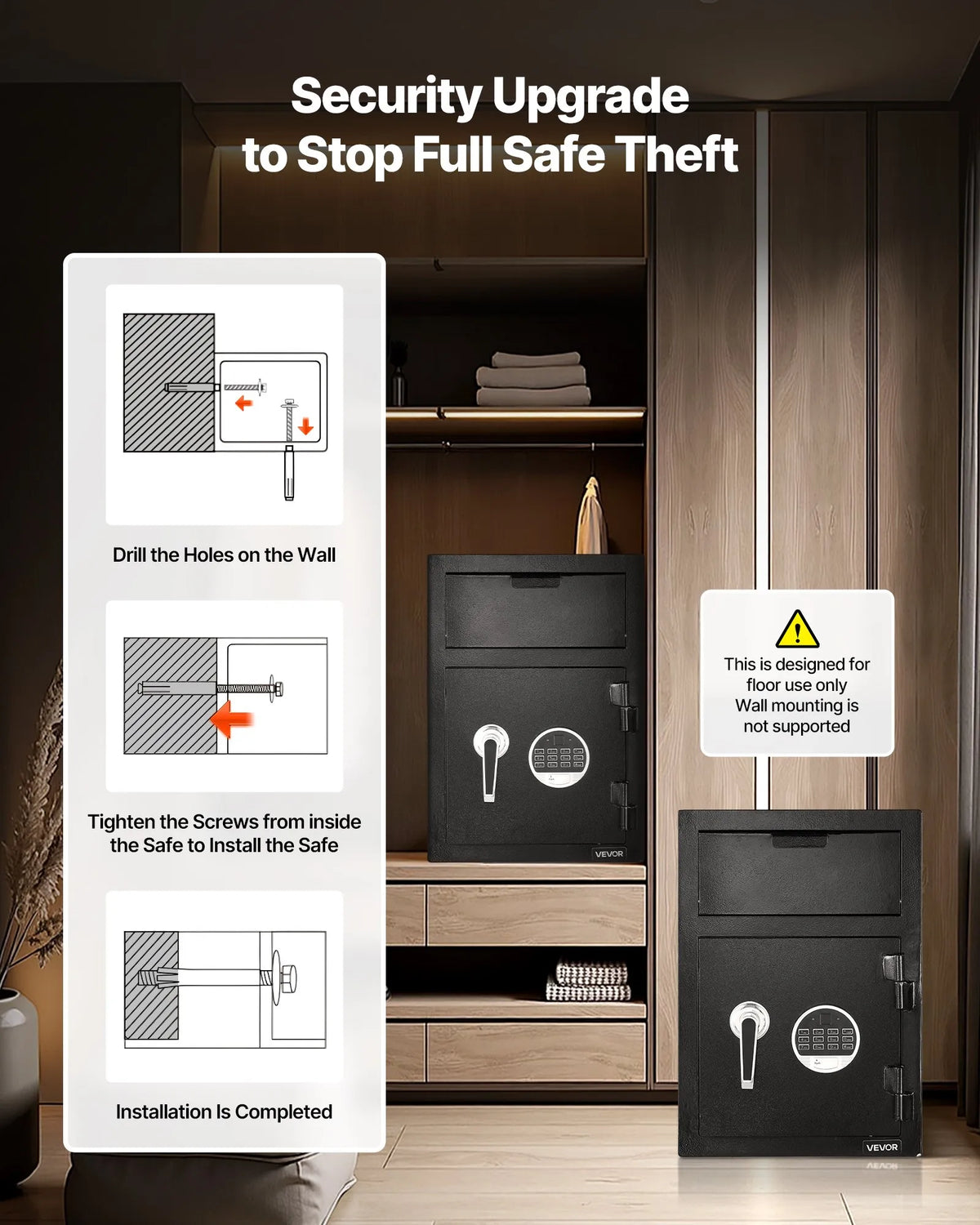 VEVOR 34 L Drop Safe with Front Deposit Slot, Digital Keypad and Backup Keys, Durable Two-Level Money and Document Deposit Safe for Cash, Bank Receipts, Jewellery, Documents and Bills, Black