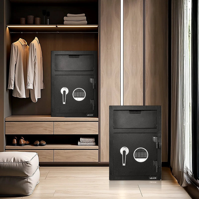 VEVOR 34 l iemaksas seifs ar priekšējo iemaksas atveri, digitālo tastatūru un rezerves atslēgām, izturīgs divu līmeņu naudas un dokumentu noguldījumu seifs skaidrai naudai, bankas kvītīm, rotaslietām, dokumentiem un rēķiniem, melns