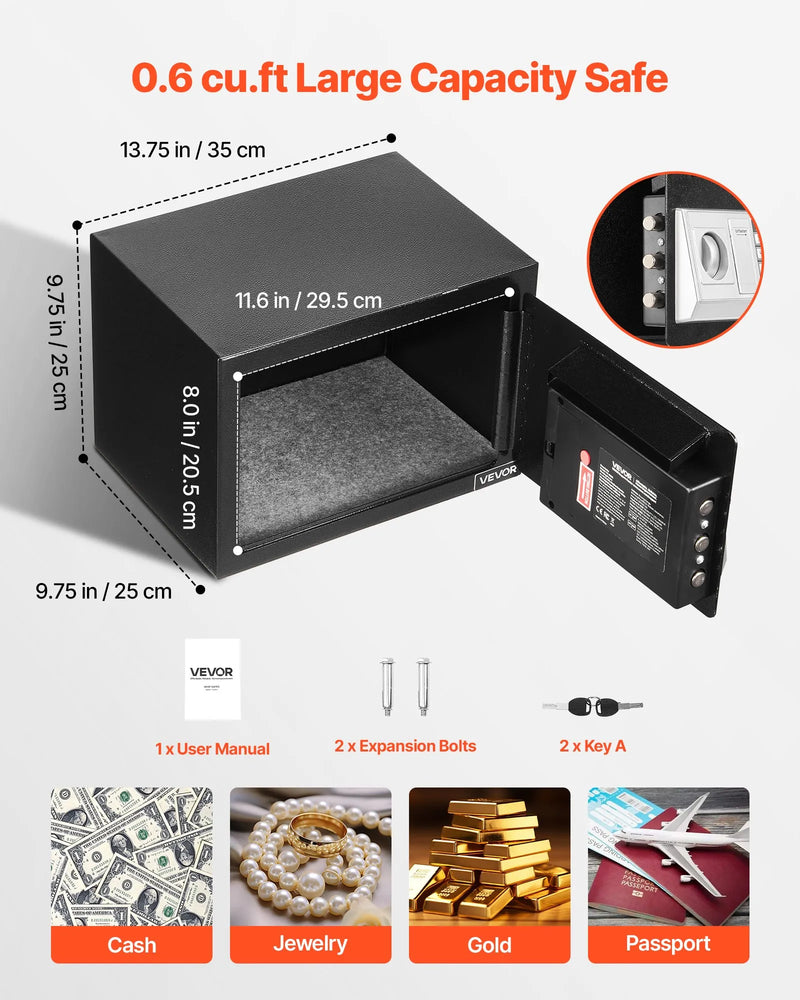 VEVOR 17 l iemaksas seifs ar priekšējo iemaksas atveri, paroles slēdzeni un pagriežamu rokturi, izturīgs kompakts naudas noguldījumu seifs skaidrai naudai, bankas kvītīm, rotaslietām, dokumentiem un rēķiniem, melns