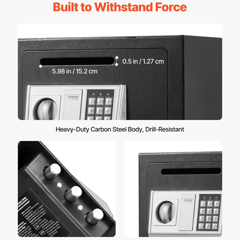 VEVOR 17 l iemaksas seifs ar priekšējo iemaksas atveri, paroles slēdzeni un pagriežamu rokturi, izturīgs kompakts naudas noguldījumu seifs skaidrai naudai, bankas kvītīm, rotaslietām, dokumentiem un rēķiniem, melns