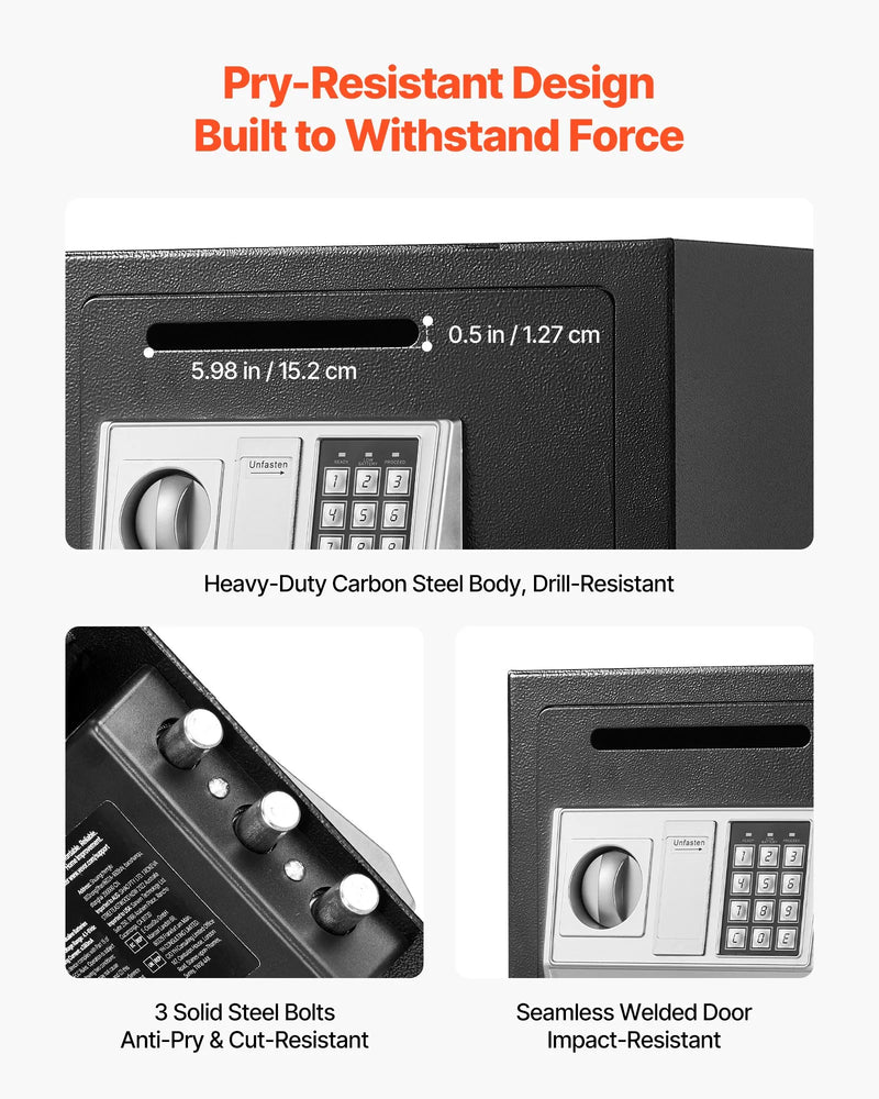 VEVOR 17 l iemaksas seifs ar priekšējo iemaksas atveri, paroles slēdzeni un pagriežamu rokturi, izturīgs kompakts naudas noguldījumu seifs skaidrai naudai, bankas kvītīm, rotaslietām, dokumentiem un rēķiniem, melns