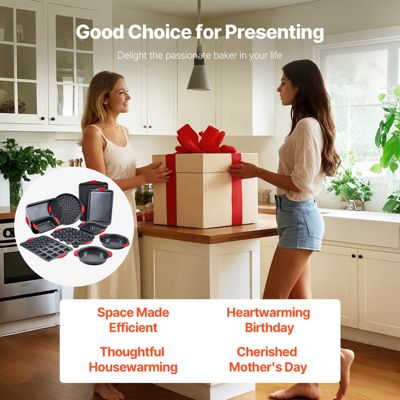 VEVOR Cepešpannu komplekts 10 gabali, nelipīgs oglekļa tērauda komplekts ar silikona rokturiem