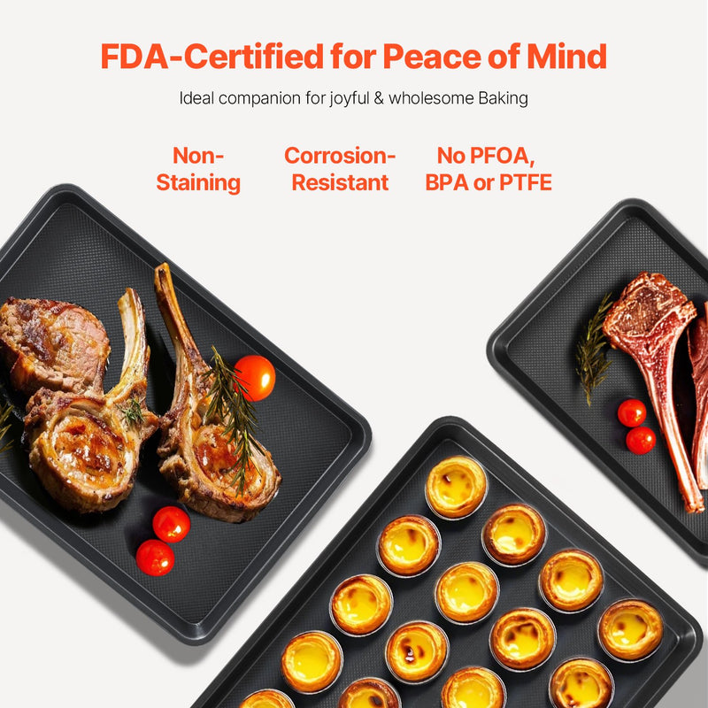 VEVOR 3-daļīgs pretpiedeguma oglekļa tērauda cepšanas pannu komplekts ar silikona rokturiem