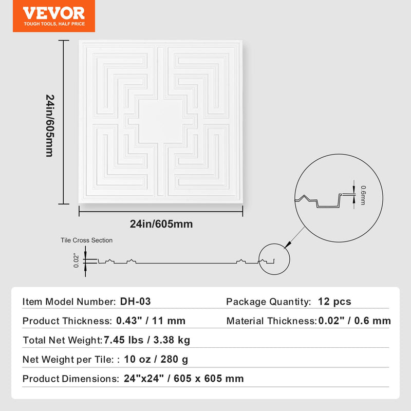 VEVOR griestu paneļi, 12 gab., 600 x 600 mm, PVC, viegli uzstādāmi, balti, Echo raksts