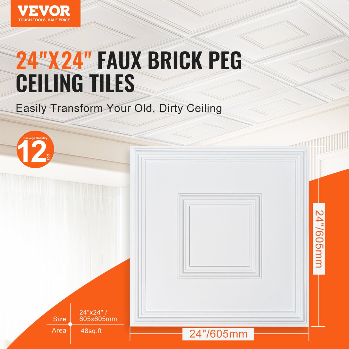 VEVOR Ceiling Panels, 12 pcs, 600 x 600 mm, PVC, Easy to Install, White, Geometric Pattern
