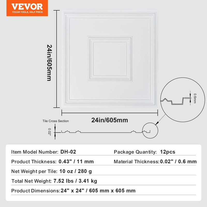 VEVOR griestu paneļi, 12 gab., 600 x 600 mm, PVC, viegli uzstādāmi, balti, ģeometriski raksti