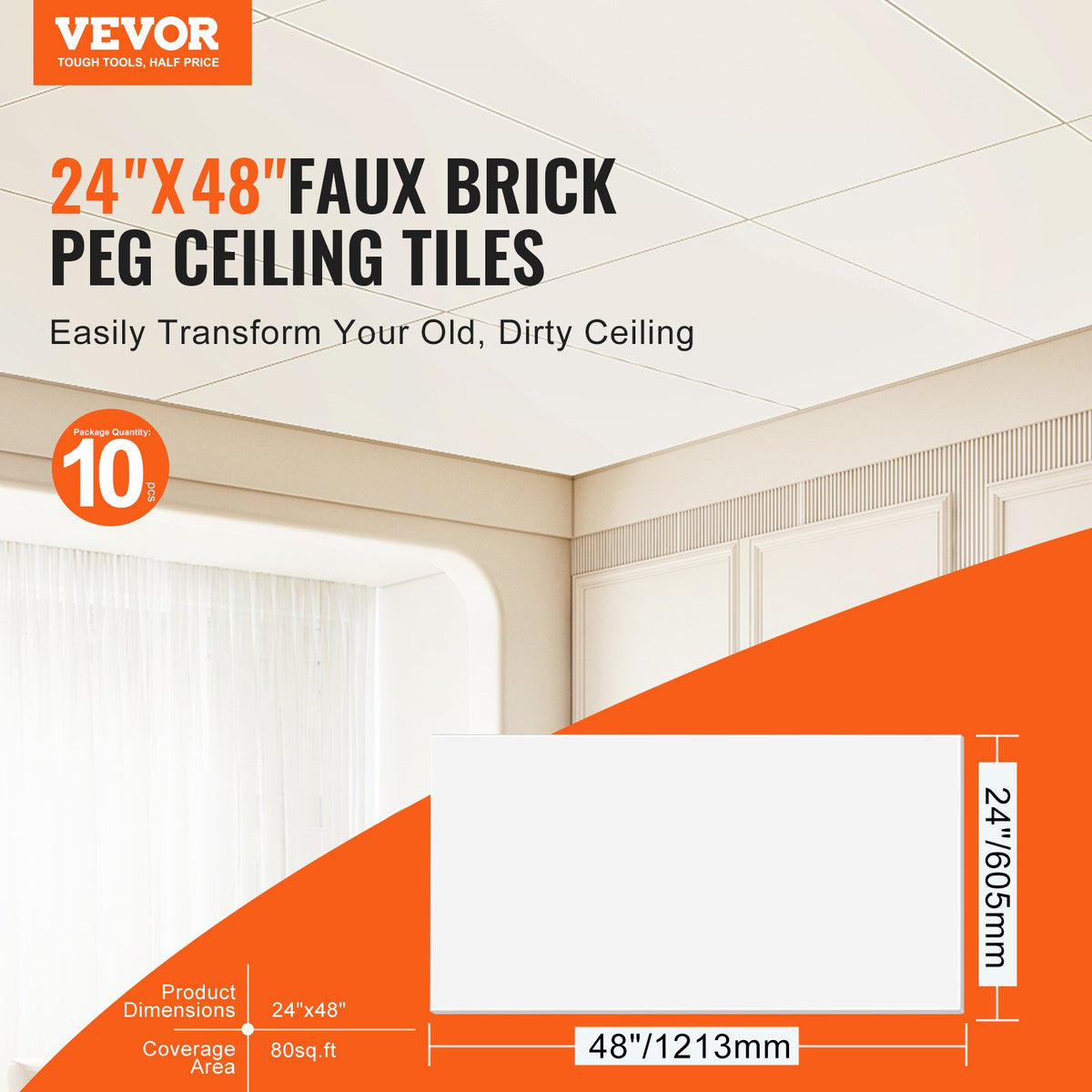 VEVOR 60.5 x 121.3 cm Ceiling Tiles Smooth White 10 Pack PVC Fire-Resistant