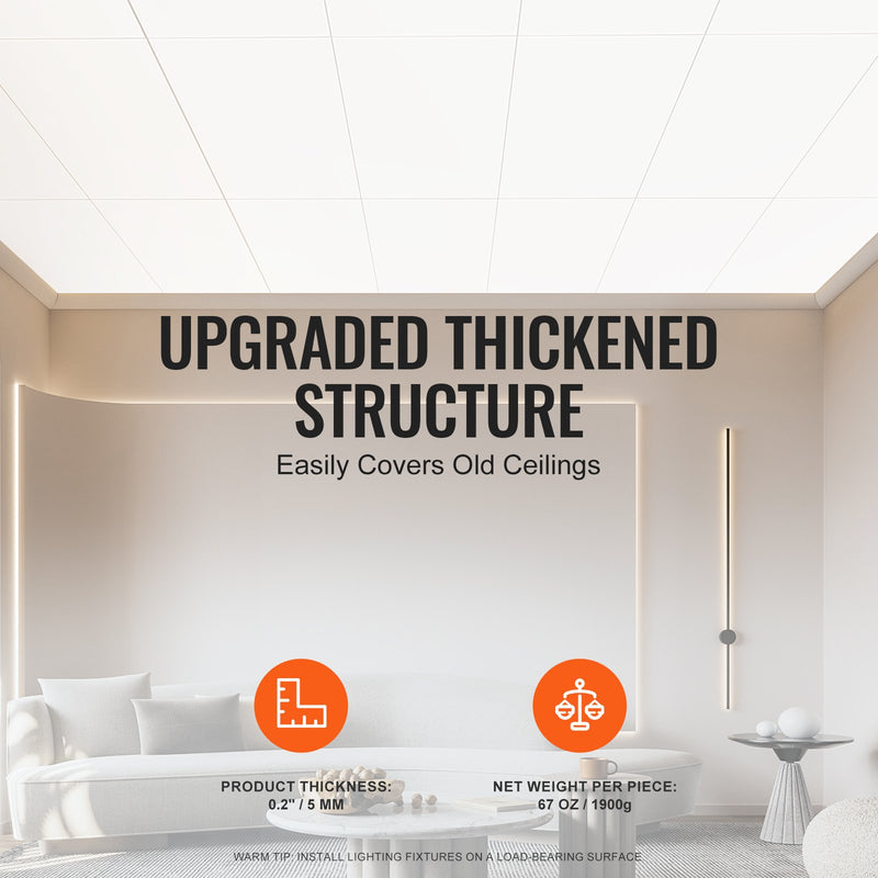 VEVOR 60,5 x 121,3 cm griestu flīzes gludas, baltas, 10 gab. iepakojumā, PVC, ugunsizturīgas