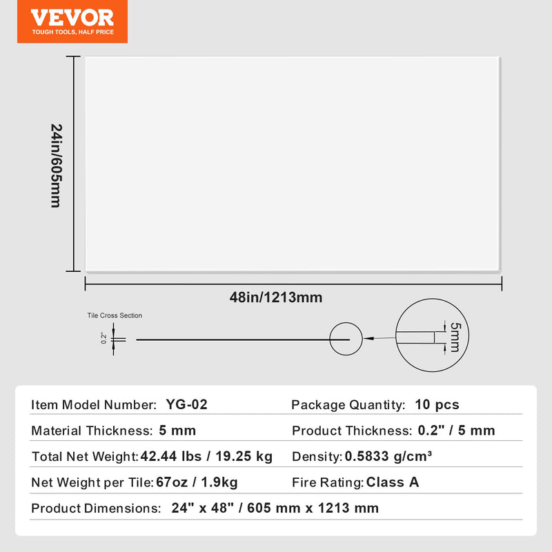 VEVOR 60.5 x 121.3 cm griestu flīzes gludas, baltas, 10 gab. iepakojumā,  PVC, ugunsizturīgas