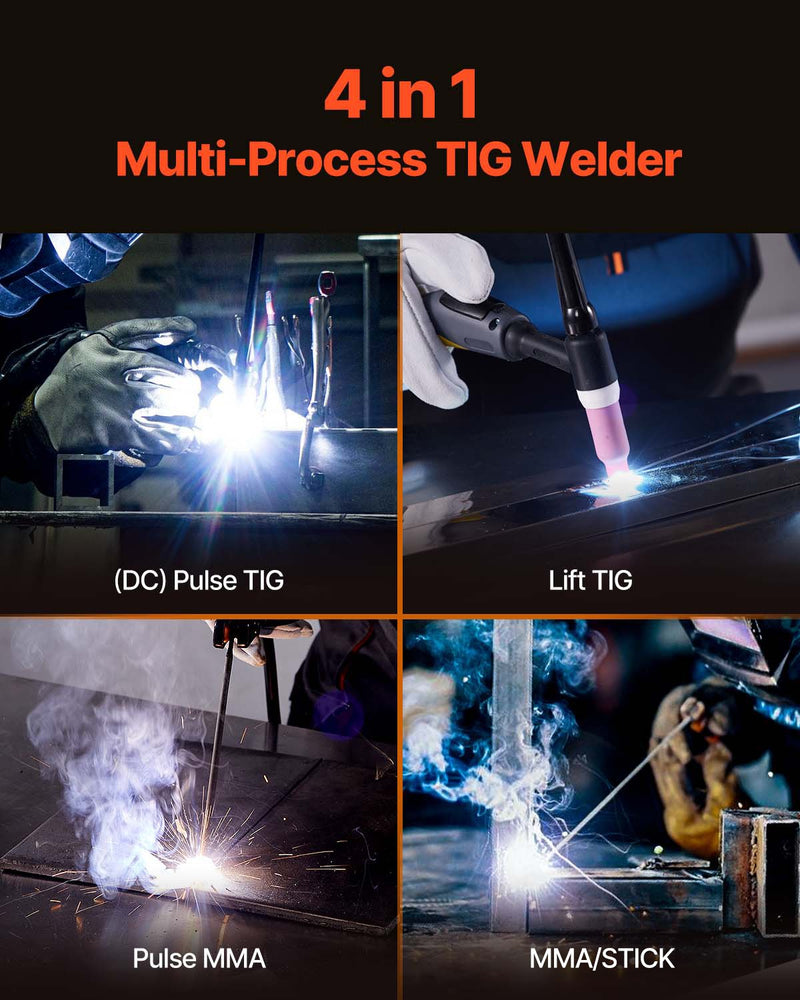 VEVOR TIG metināšanas aparāts 4-in-1 ar pulsa funkciju, MMA, Lift TIG un STICK režīmiem, IGBT invertoru un LED displeju