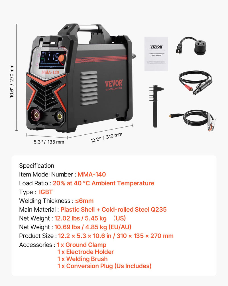 VEVOR TIG metināšanas aparāts 4-in-1 ar pulsa funkciju, MMA, Lift TIG un STICK režīmiem, IGBT invertoru un LED displeju