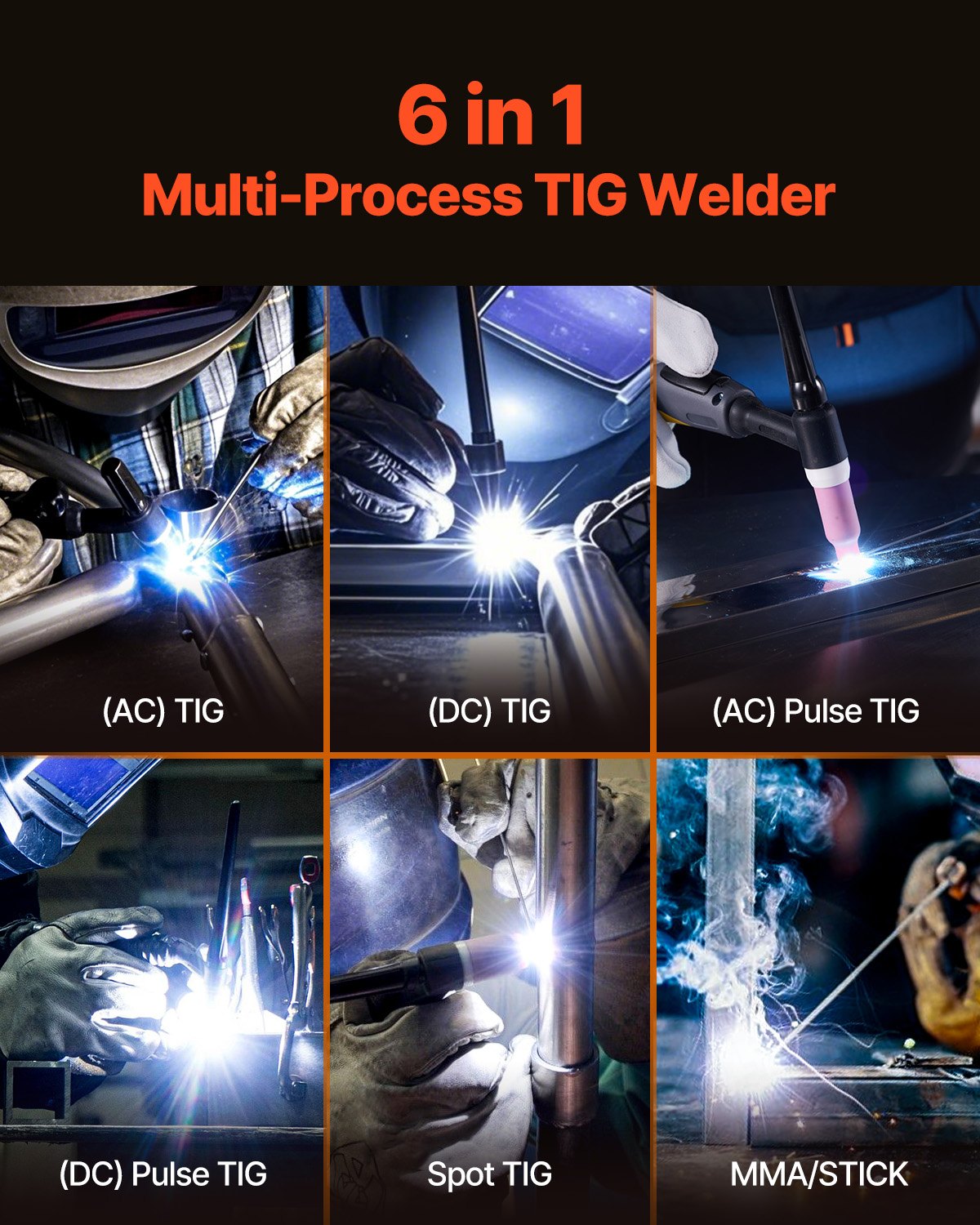 VEVOR TIG Welding Machine 200 A 6 in 1 for Aluminium – AC/DC TIG, AC/DC Pulse, Spot TIG, MMA, Synergic