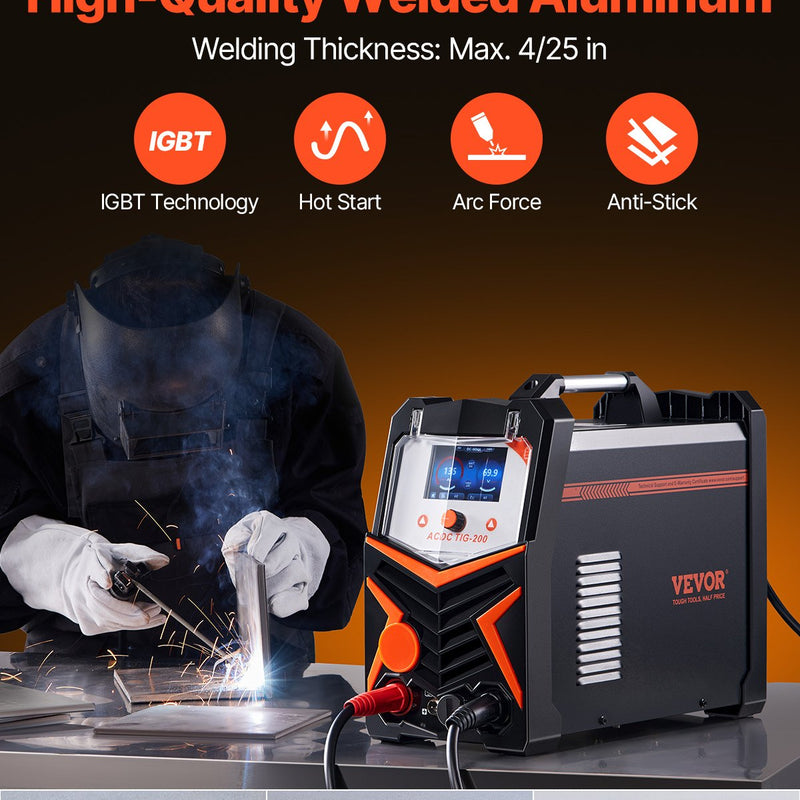 Metināšanas aparāts VEVOR TIG 200 A, 6-in-1 AC/DC, Pulse, Spot, MMA, Stick, IGBT, LED displejs