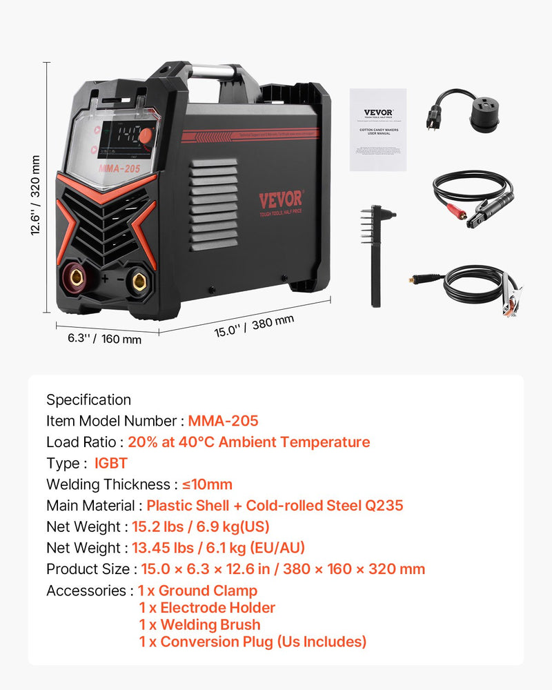 VEVOR TIG metināšanas aparāts 2-in-1 ar Lift funkciju, MMA elektrodu metināšanu, IGBT tehnoloģiju, karsto startu un LED displeju
