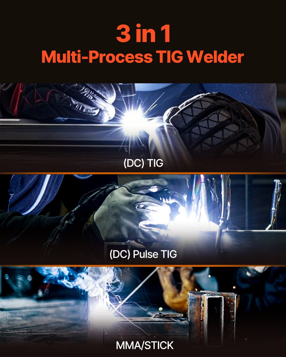 VEVOR TIG-keevitusaparaat 3-ühes – Pulse TIG, TIG, MMA, IGBT-inverter, LED-näidik