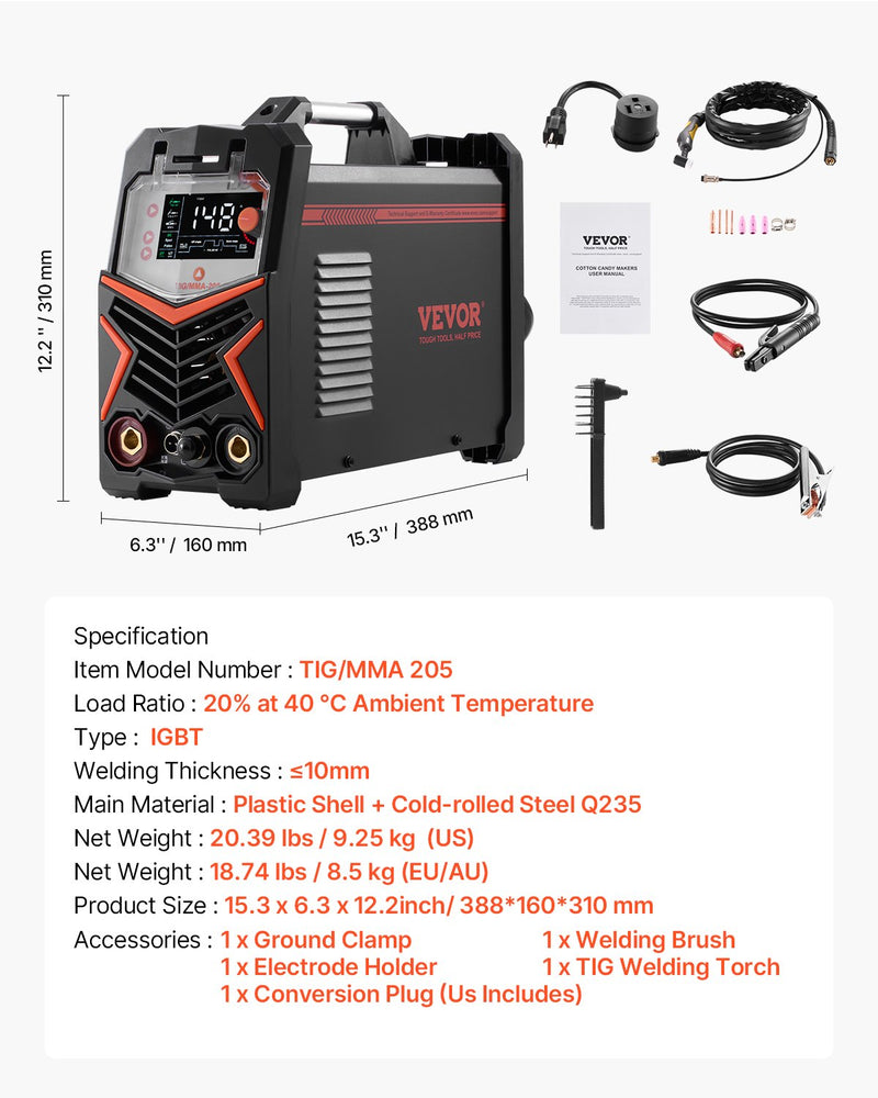 VEVOR TIG metināšanas aparāts 3-in-1 ar pulsa funkciju, MMA (elektrodu) režīmu, IGBT invertoru un LED displeju