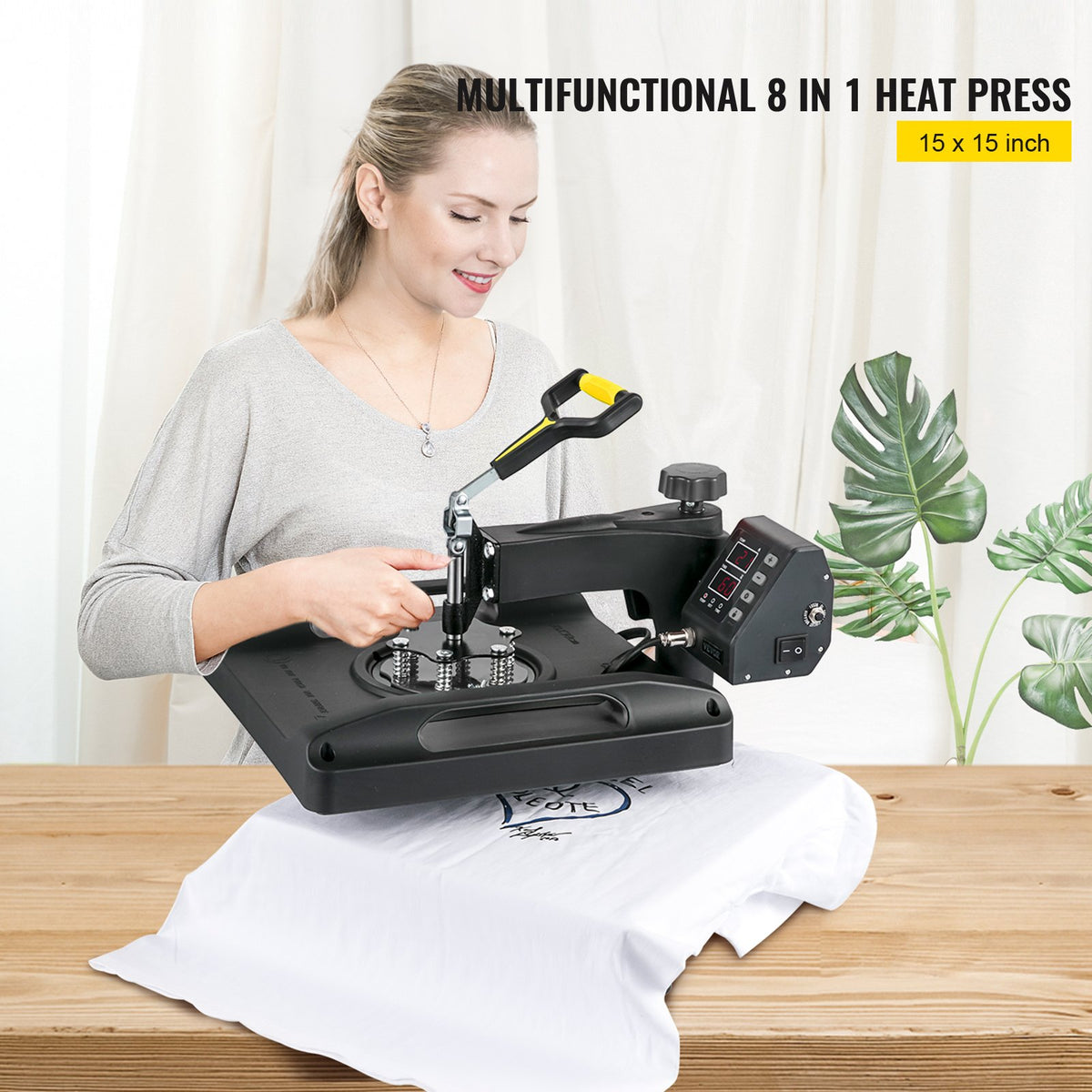 VEVOR termoprese 38 × 38 cm 8-in-1, 1000 W, 360° pagriežama, T-krekliem, cepurēm, krūzēm un šķīvjiem, melna