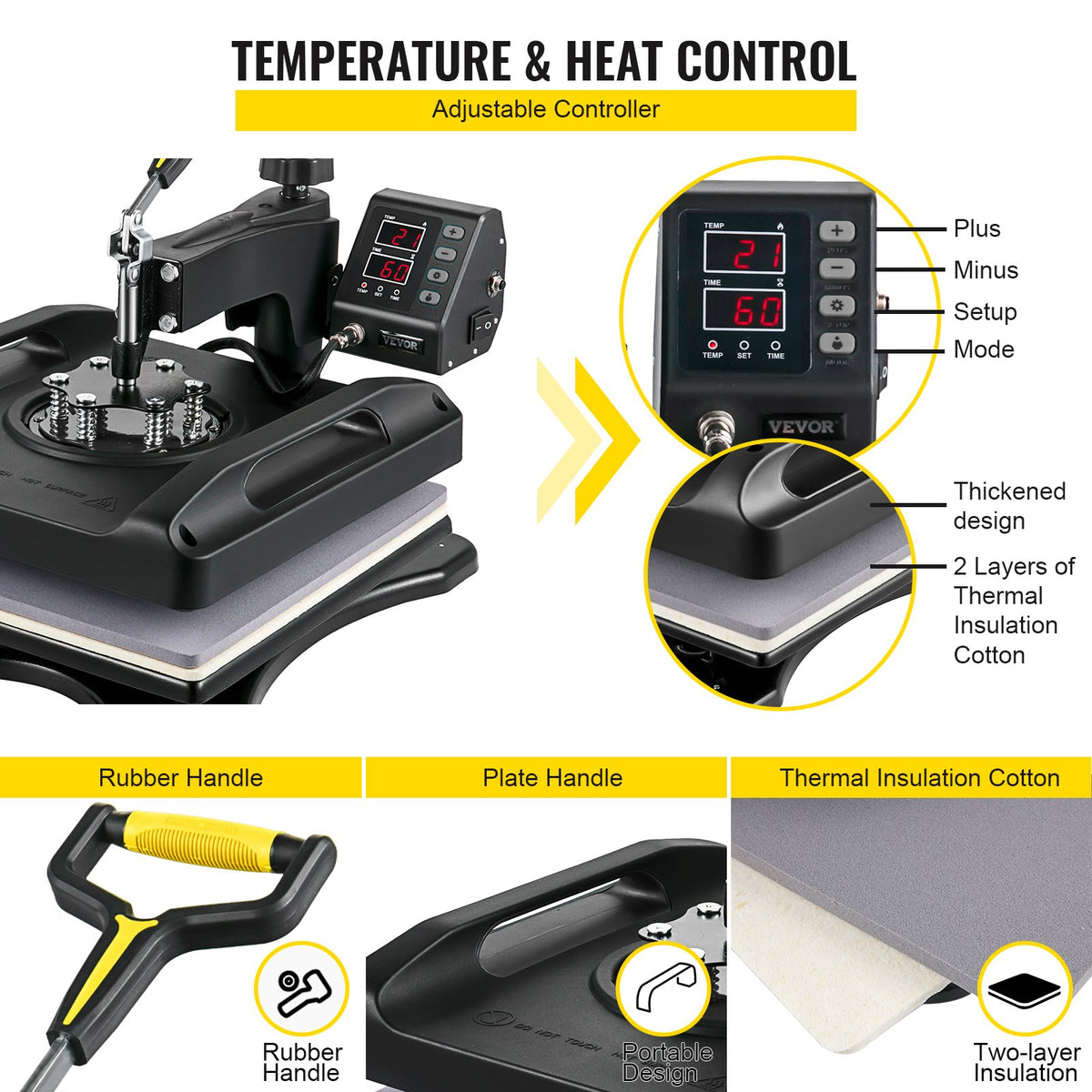 VEVOR termoprese 38 × 38 cm 8-in-1, 1000 W, 360° pagriežama, T-krekliem, cepurēm, krūzēm un šķīvjiem, melna