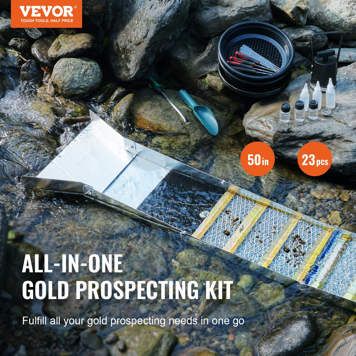 VEVOR Gold Panning Kit with Sluice Box, 127 cm Aluminium Gold Mining Equipment, 23 Pieces