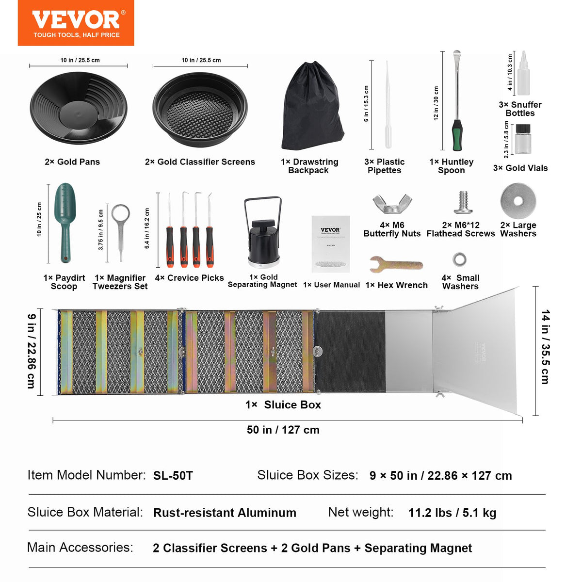 VEVOR Gold Panning Kit with Sluice Box, 127 cm Aluminium Gold Mining Equipment, 23 Pieces