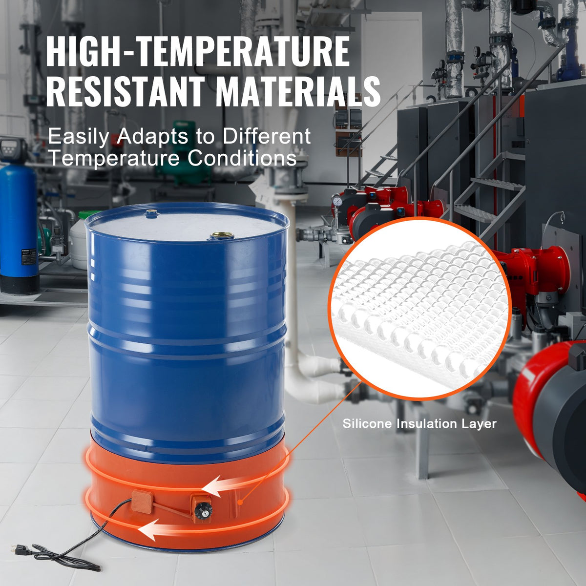 VEVOR metāla mucu sildītājs, tilpumam 208,2 L, jauda 1200 W, sildjoslas platums 254 mm, temperatūras diapazons 30–150 °C, regulējams