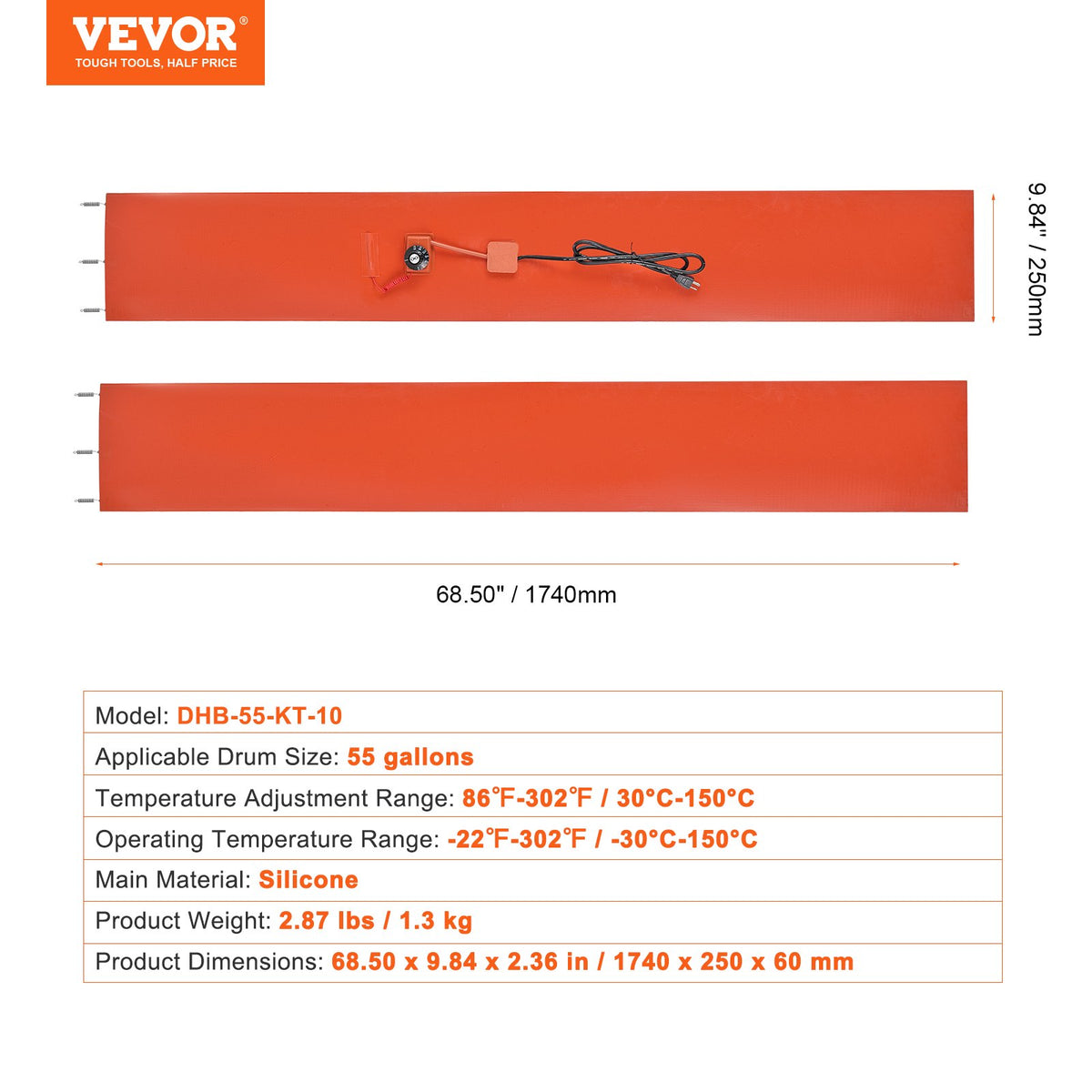 VEVOR metāla mucu sildītājs, tilpumam 208,2 L, jauda 1200 W, sildjoslas platums 254 mm, temperatūras diapazons 30–150 °C, regulējams