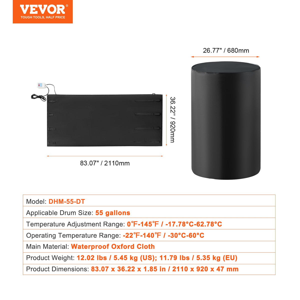 VEVOR 208.2 L 1300W Metal Drum Heater -18–63℃ with Independent Thermostat Control