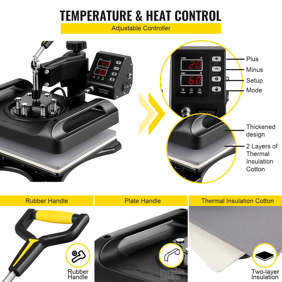 VEVOR termoprese 30 × 38 cm 5-in-1, 1000 W, 360° pagriežama, T-krekliem, krūzēm un cepurēm, melna