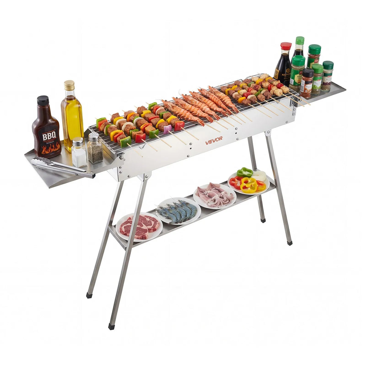 VEVOR salokāms kokogļu grils 0,16 m² ar paceļamu kokogļu paplāti un sānu galdiņiem, nerūsējošā tērauda BBQ grils kempingam un āra pasākumiem - ZEMLETES.LV