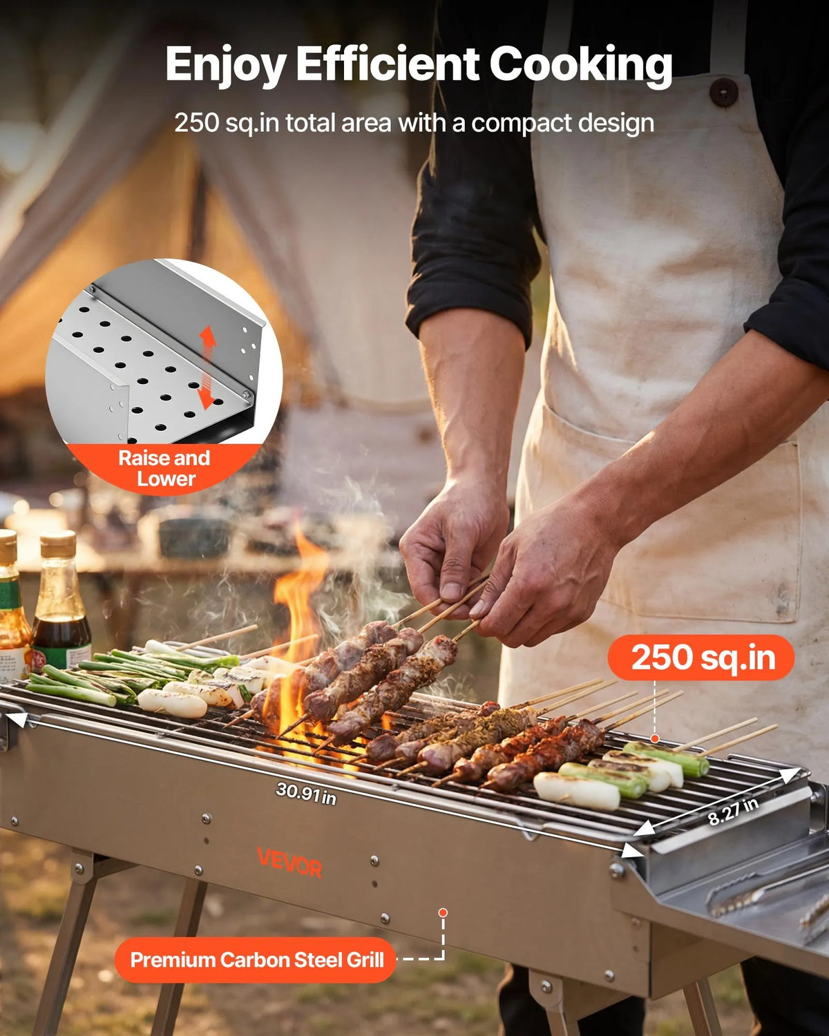 VEVOR salokāms kokogļu grils 0,16 m² ar paceļamu kokogļu paplāti un sānu galdiņiem, nerūsējošā tērauda BBQ grils kempingam un āra pasākumiem - ZEMLETES.LV