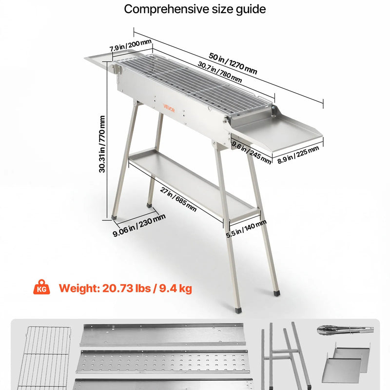 VEVOR salokāms kokogļu grils 0,16 m² ar paceļamu kokogļu paplāti un sānu galdiņiem, nerūsējošā tērauda BBQ grils kempingam un āra pasākumiem - ZEMLETES.LV