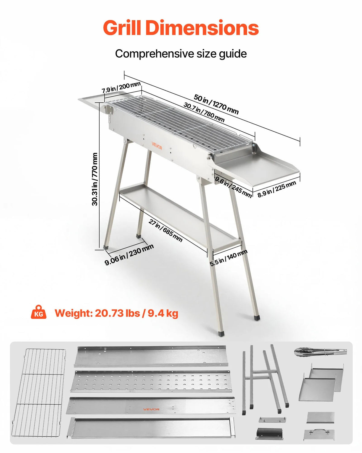 VEVOR salokāms kokogļu grils 0,16 m² ar paceļamu kokogļu paplāti un sānu galdiņiem, nerūsējošā tērauda BBQ grils kempingam un āra pasākumiem - ZEMLETES.LV