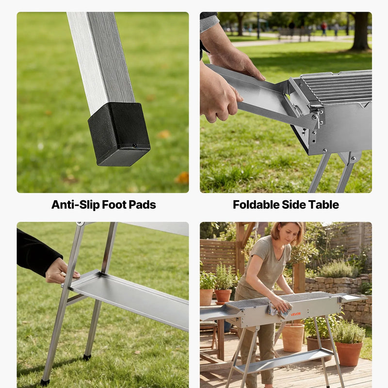 VEVOR salokāms kokogļu grils 0,16 m² ar paceļamu kokogļu paplāti un sānu galdiņiem, nerūsējošā tērauda BBQ grils kempingam un āra pasākumiem - ZEMLETES.LV