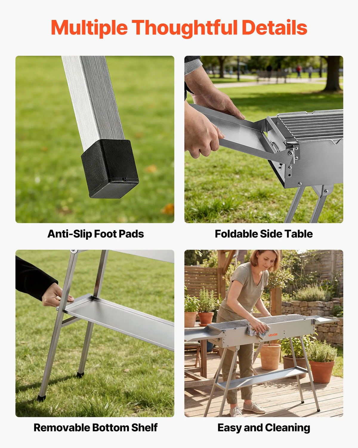 VEVOR salokāms kokogļu grils 0,16 m² ar paceļamu kokogļu paplāti un sānu galdiņiem, nerūsējošā tērauda BBQ grils kempingam un āra pasākumiem - ZEMLETES.LV