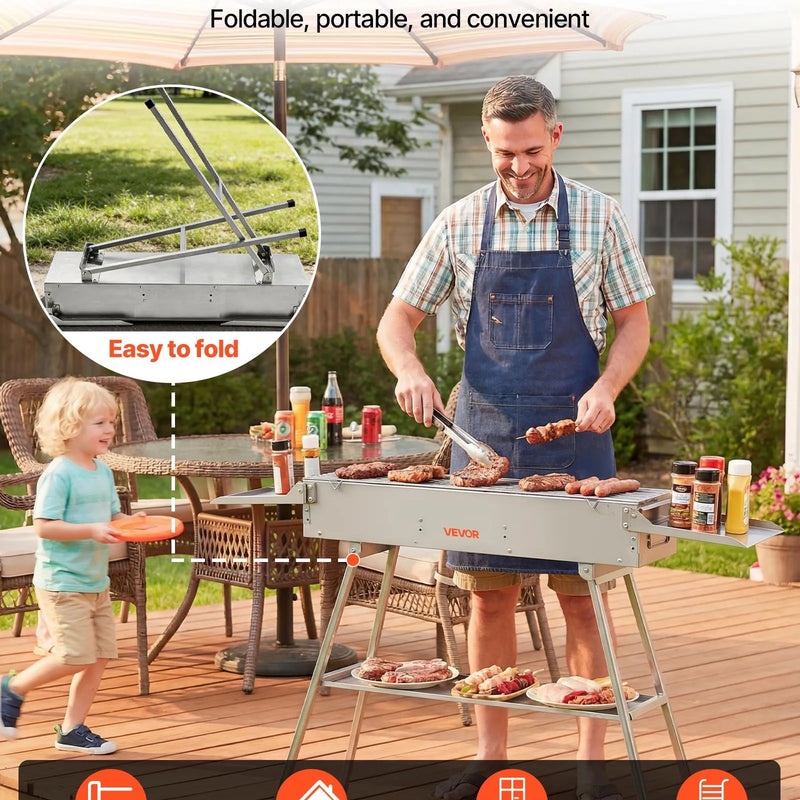 VEVOR salokāms kokogļu grils 0,16 m² ar paceļamu kokogļu paplāti un sānu galdiņiem, nerūsējošā tērauda BBQ grils kempingam un āra pasākumiem - ZEMLETES.LV